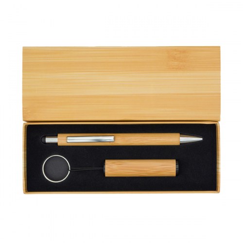 Bambusowy długopis i latarka w pudełku Pelak, beżowy