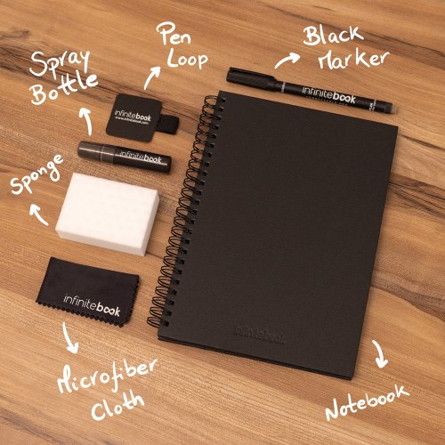 STARTER KIT INFINITEBOOK A5 PLANNER TEXTURE. Zestaw zawierający „Infinitebook” w twardej oprawie, 1 zestaw do czyszczenia, 1 marker i 1 uchwyt na długopis