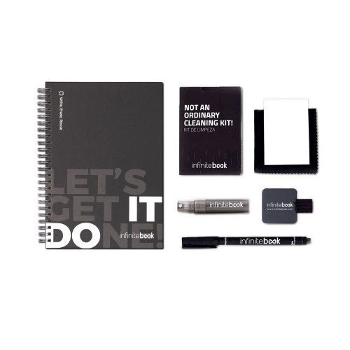 STARTER KIT INFINITEBOOK. Zestaw „Infinitebook” w twardej oprawie, 1 zestaw do czyszczenia, 1 marker i 1 uchwyt na długopis