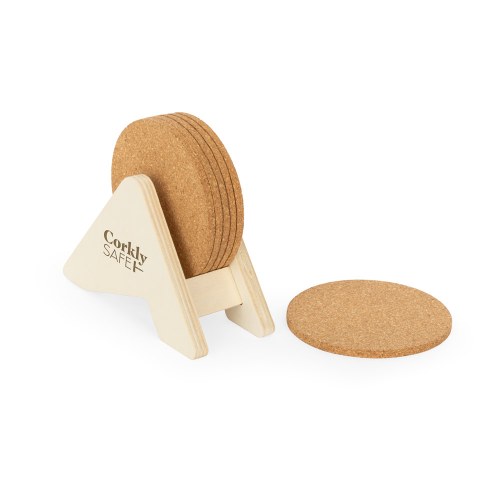 PLYCORK. Stojak ze sklejki z 6 korkowymi podstawkami