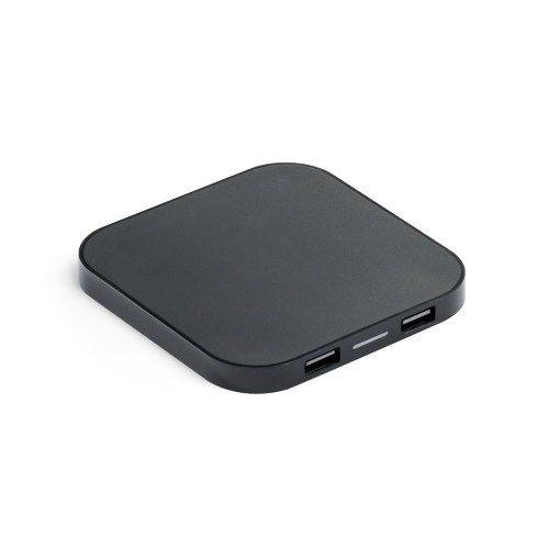 CAROLINE. Ładowarka bezprzewodowa Superfast 15W z 2 portami USB-A w ABS pochodzącego z recyklingu (60% rABS)