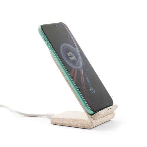 ENGLERT. Uchwyt na smartfon z szybką ładowarką bezprzewodową 10 W wykonany w ABS pochodzącego z recyklingu (70% rABS) i włókna ze słomy pszenicy