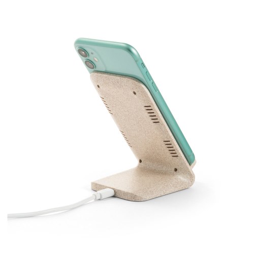 ENGLERT. Uchwyt na smartfon z szybką ładowarką bezprzewodową 10 W wykonany w ABS pochodzącego z recyklingu (70% rABS) i włókna ze słomy pszenicy