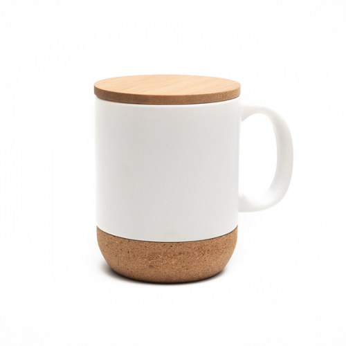 Kubek ceramiczny z bambusową przykrywką, biały