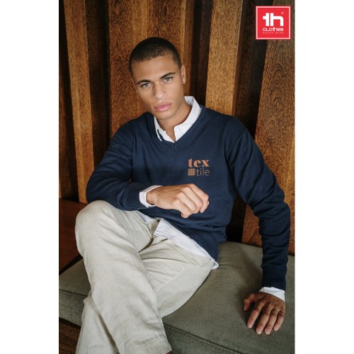 THC MILAN. Męski sweter V-neck z bawełny i poliamidu