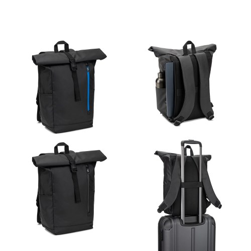 OSASCO BPACK. Plecak typu roll top z zamkiem błyskawicznym, który umożliwia zwinięcie górnej części w celu dopasowania do objętości plecaka, wykonany z poliestru 600D z recyklingu