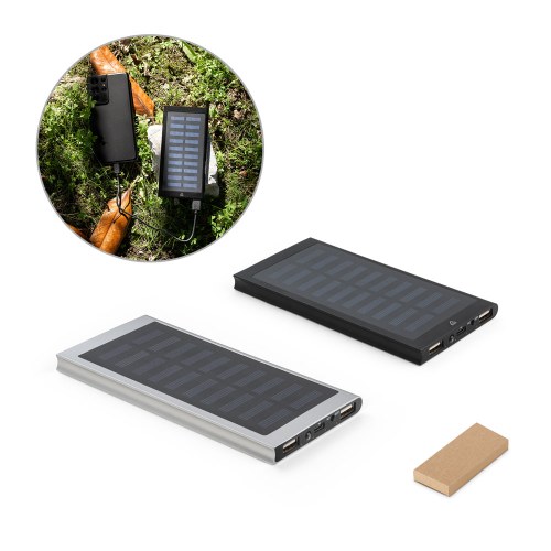 CLERK. Power bank 8 000 mAh z panelem słonecznym z aluminium pochodzącego w 100% z recyklingu
