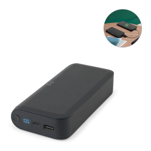 BECKER 20. Power bank 20 000 mAh z recyklingowanego ABS (100% rABS) z superszybką ładowarką bezprzewodową 15 W