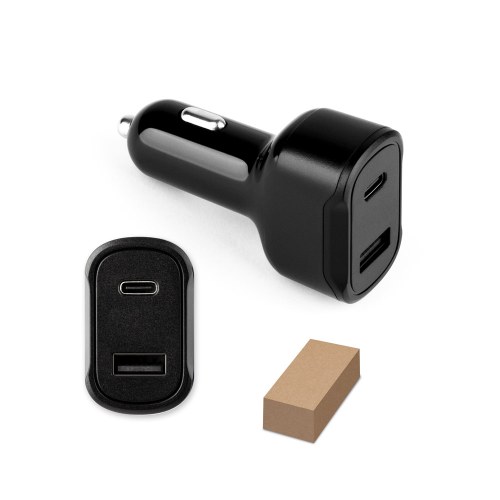 DIRAC. Adapter do zapalniczki z portem USB-A 18W i USB-C 20W wykonany w ABS z recyklingu (100% rABS)