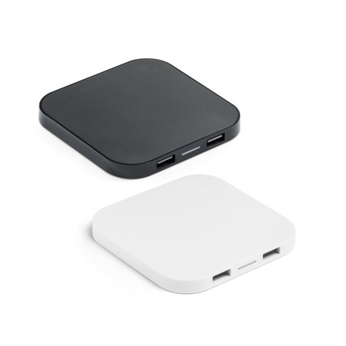 CAROLINE. Ładowarka bezprzewodowa Superfast 15W z 2 portami USB-A w ABS pochodzącego z recyklingu (60% rABS)
